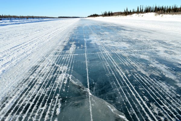 The 73-mile-long Inuvik-Aklavik Ice Road forms each year when the Mackenzie River freezes over.