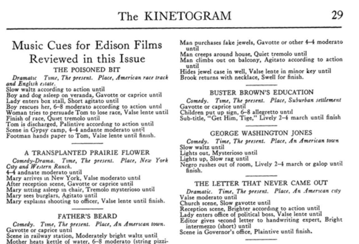 The cue sheet from an issue of "The Edison Kinetogram."