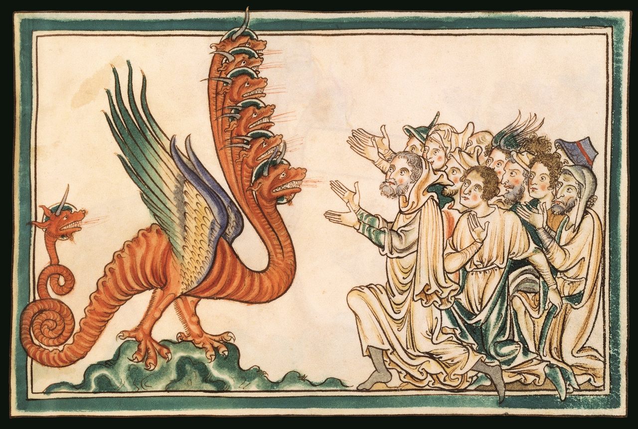 <em>The Adoration of the Dragon of the Apocalypse</em>, Folio 23, New Testament, Glossed, Salisbury, c. 1250.