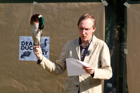 Kees Moeliker, emceeing Dead Duck Day in 2016. 
