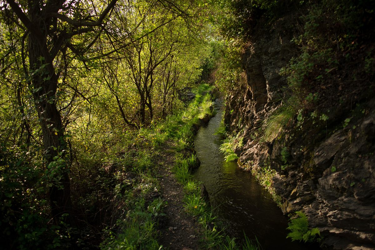 An acequia, designed to preserve and distribute scarce water resources, flows towards the village of Bérchules.