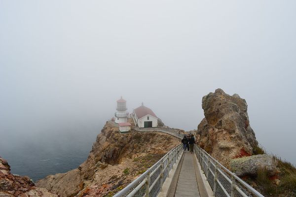 A thick fog engulfs the Point Reyes Lighthouse.