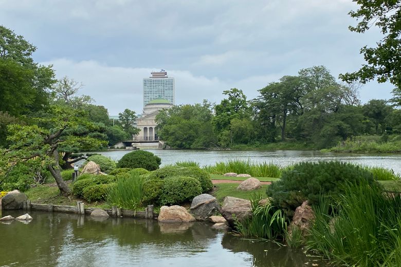 A peaceful garden with manicured shrubs and rocks borders a pond, with the Museum of Science and Industry in the distance.