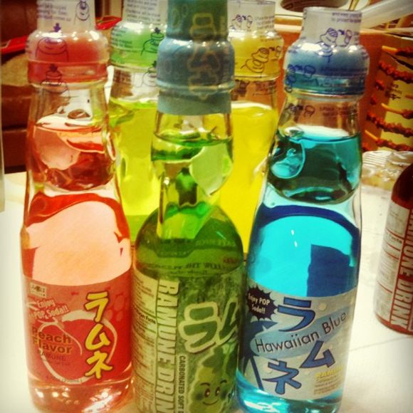 Ramune comes in a wide variety of flavors, including peach and Hawaiian Blue.
