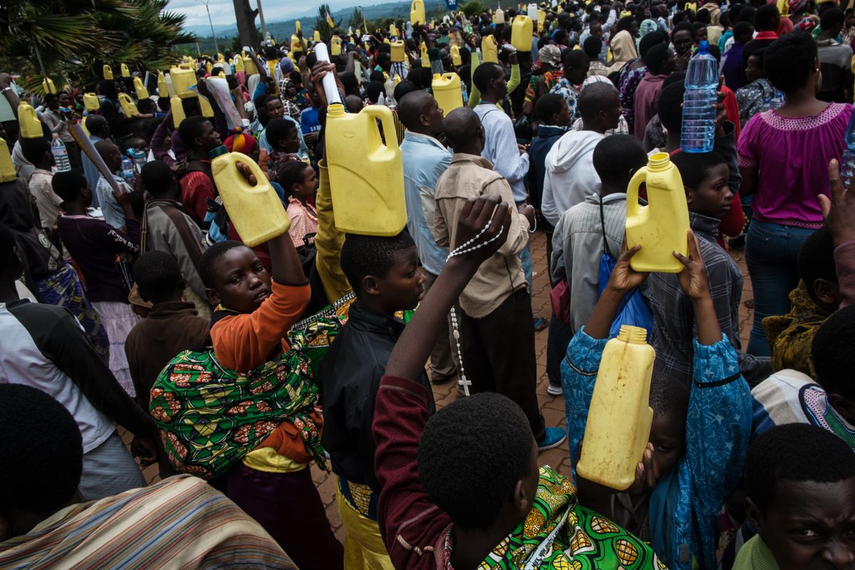 Water from the fountain near the church is said to have miraculous properties. Pilgrims collect it in jerry cans, lift them to be blessed by the priest, and take them when they depart. 