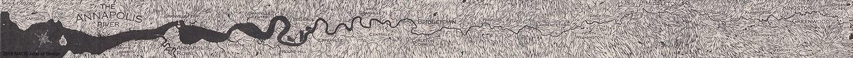 The six-foot long map <em>Annapolis River</em>, by Heather Smith, "was carved on cherry wood and printed by hand on Japanese paper using oil based ink."