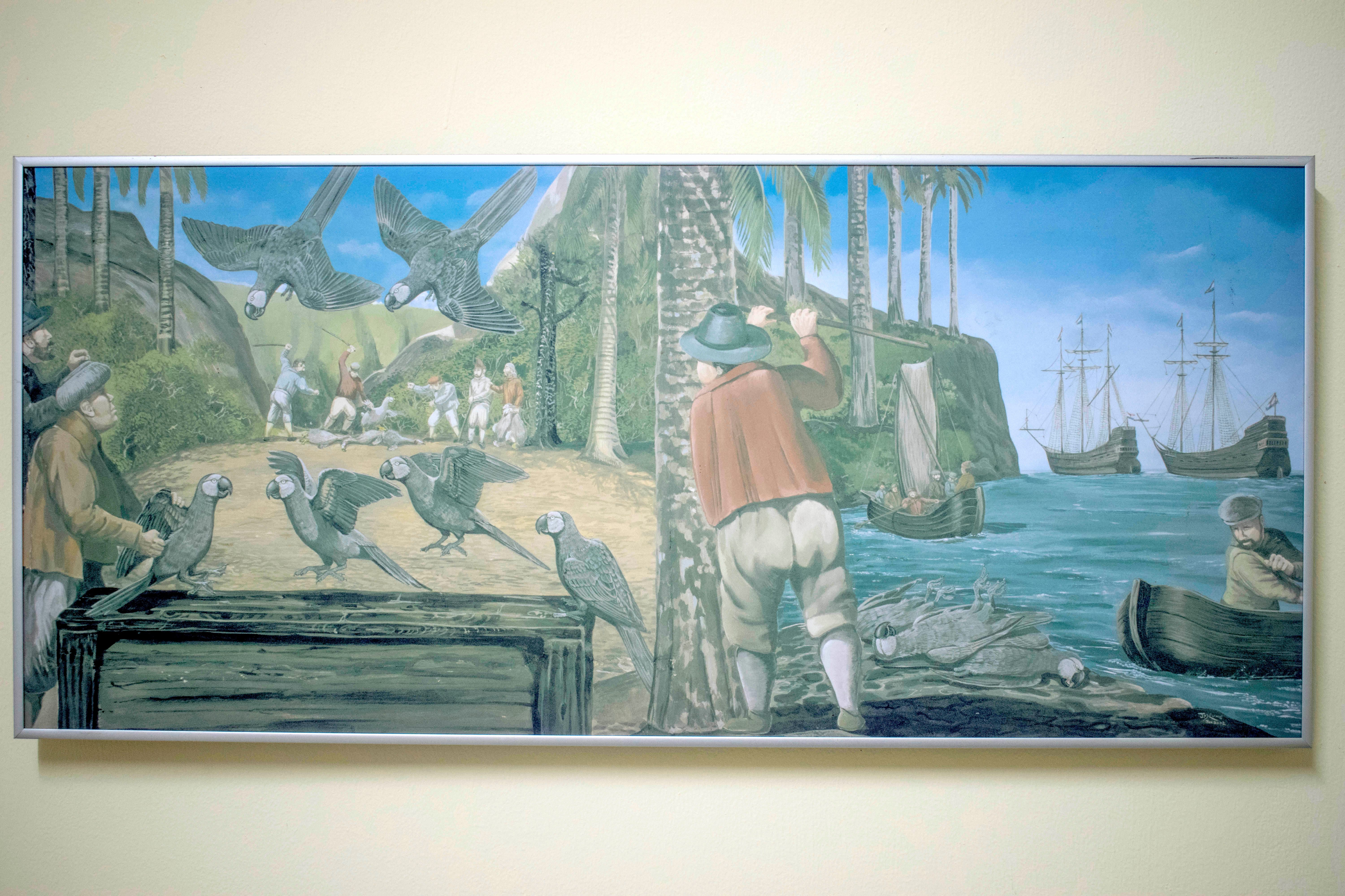 The painting on Dr. Tatayah's wall, based on a woodcut from 1602 and colored by Julian Pender-Hume.