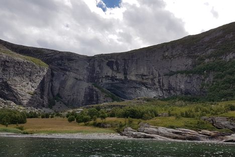 View on Halvikhallen from the bay at Fårøya.