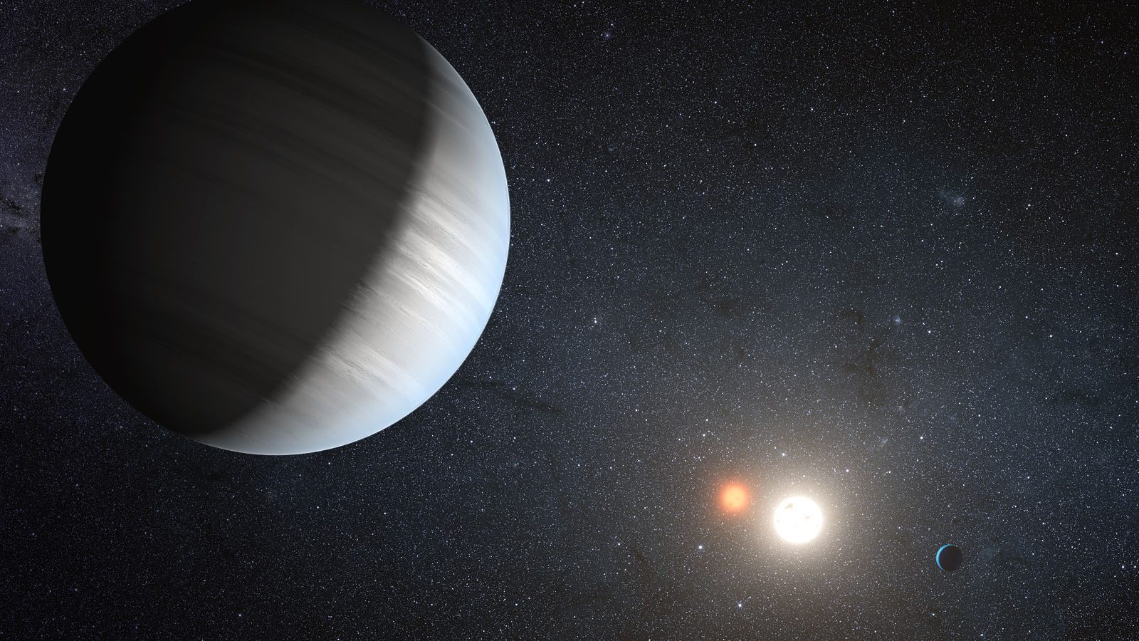 An artist's rendition of the planet Kepler-47c, known to be in the habitable zone of two suns.