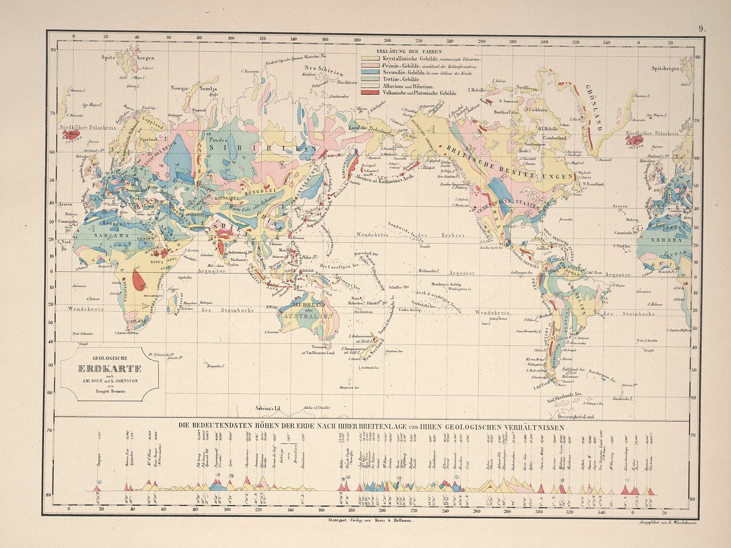 A geological map of the earth, color-coded according to primary rock type–pink is crystalline and metamorphic, red is volcanic, etc.