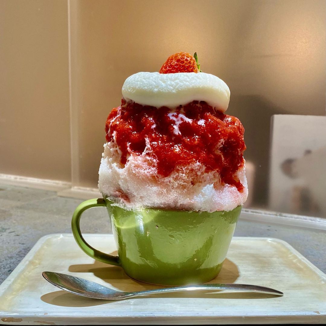 Kakigori at Housekibaco made with local strawberries, milk foam, mascarpone, honey, and raspberry milk.