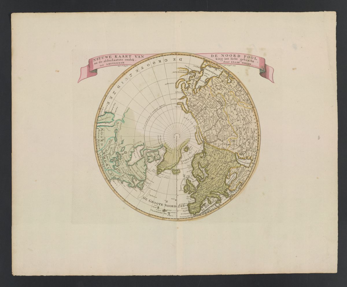 Hemispherical map centred on the North Pole, created by Isaak Tirion in Amsterdam in 1735, showing the northern tip of the island of California.