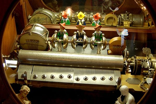 Coin-Operated Orchestra Machine with Little Men Playing Bells