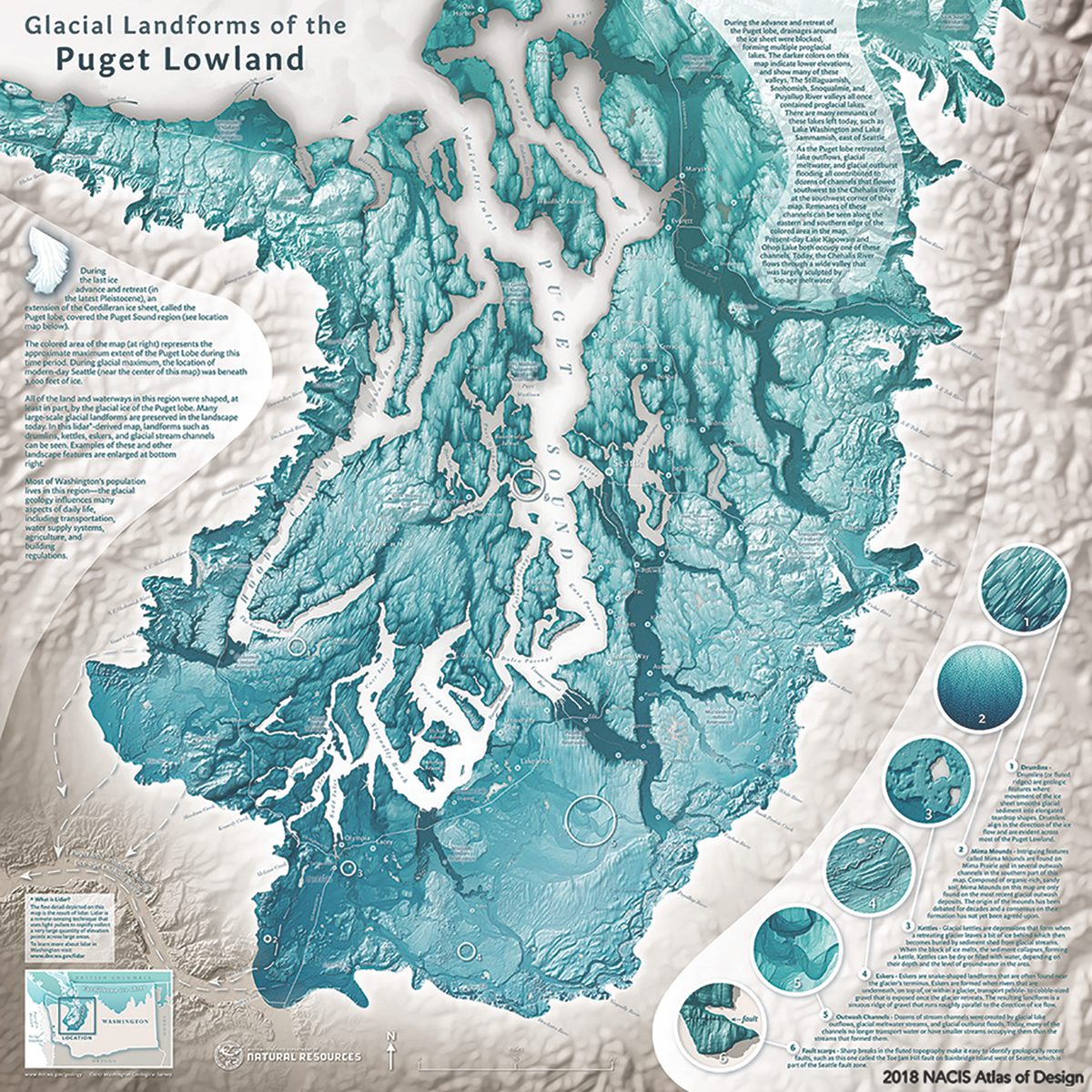 <em>Glacial Landforms of the Puget Lowland</em>, by Daniel Coe of the Washington Geological Survey, "explain many of the fascinating landforms that the Puget Lobe of the Cordilleran ice sheet left behind in the Puget Lowland region of Washington. "