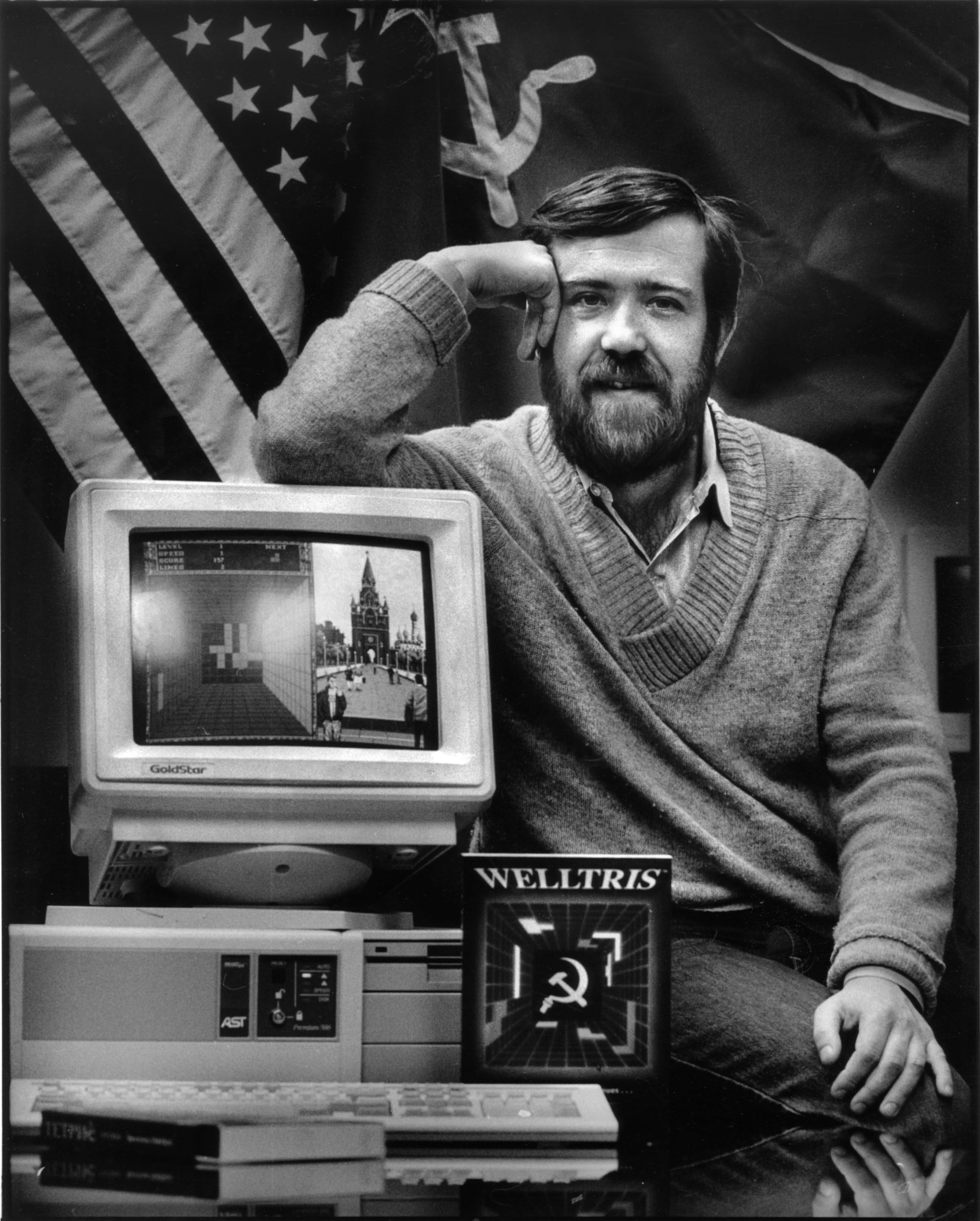 January 16, 1990: Alexey Pajitnov, the Russian developer behind "Tetris," poses in Alameda with another of his games, "Welltris."