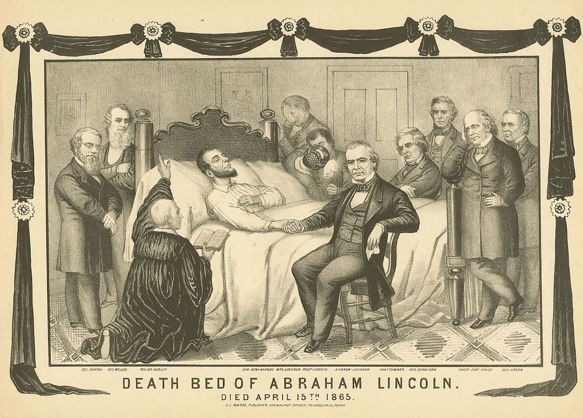 A rendering of Lincoln's very crowded deathbed.