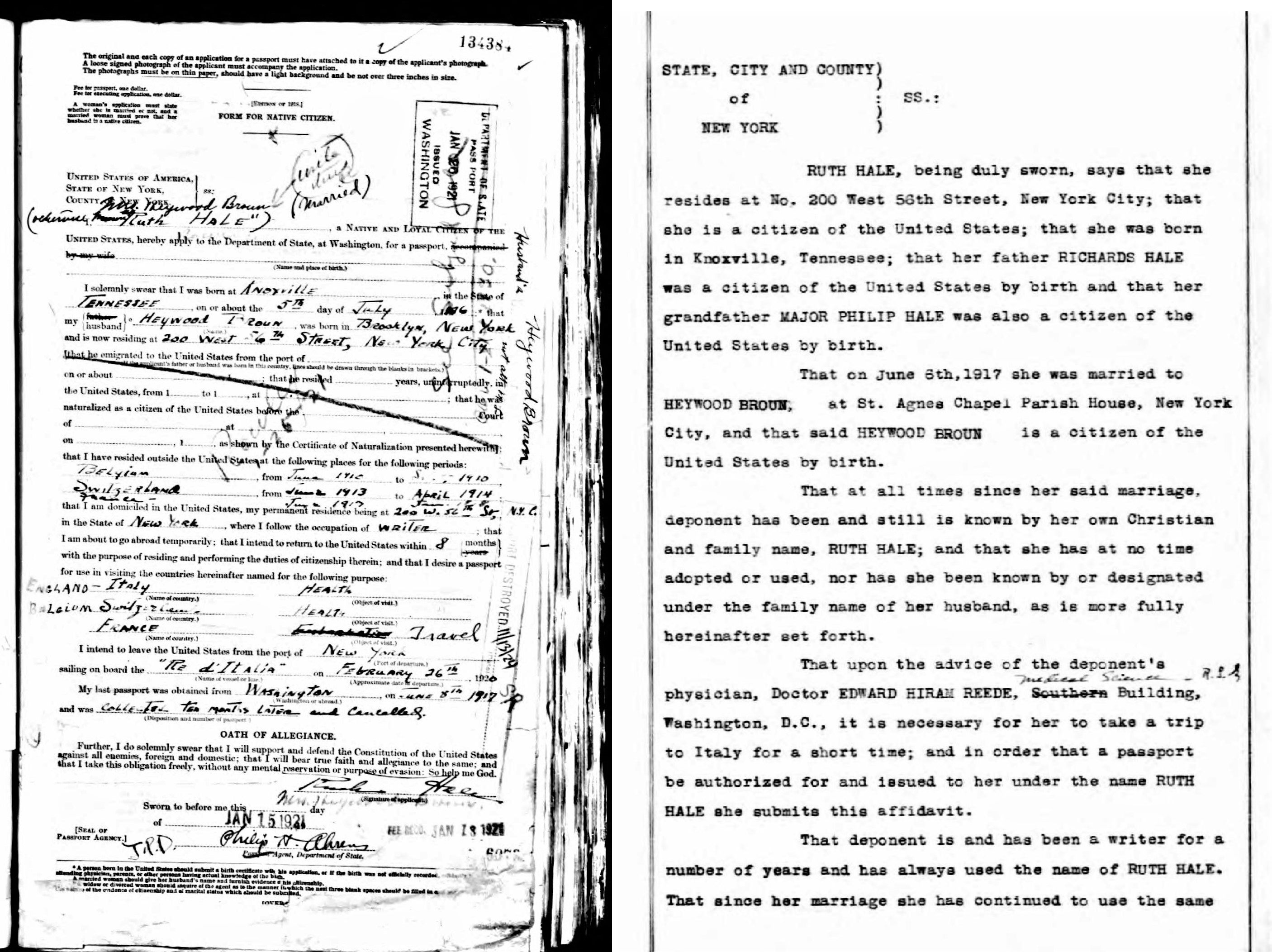 Left: Ruth Hale's passport application; Right, affidavit supporting her case for a passport in her maiden name.