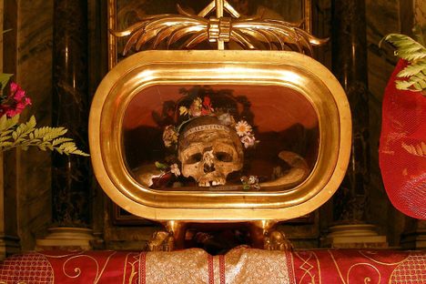 Churches from Poland to Missouri claim to possess some of Saint Valentine's remains. This, from the Basilica di Santa Maria in Rome, is supposed to be his skull.