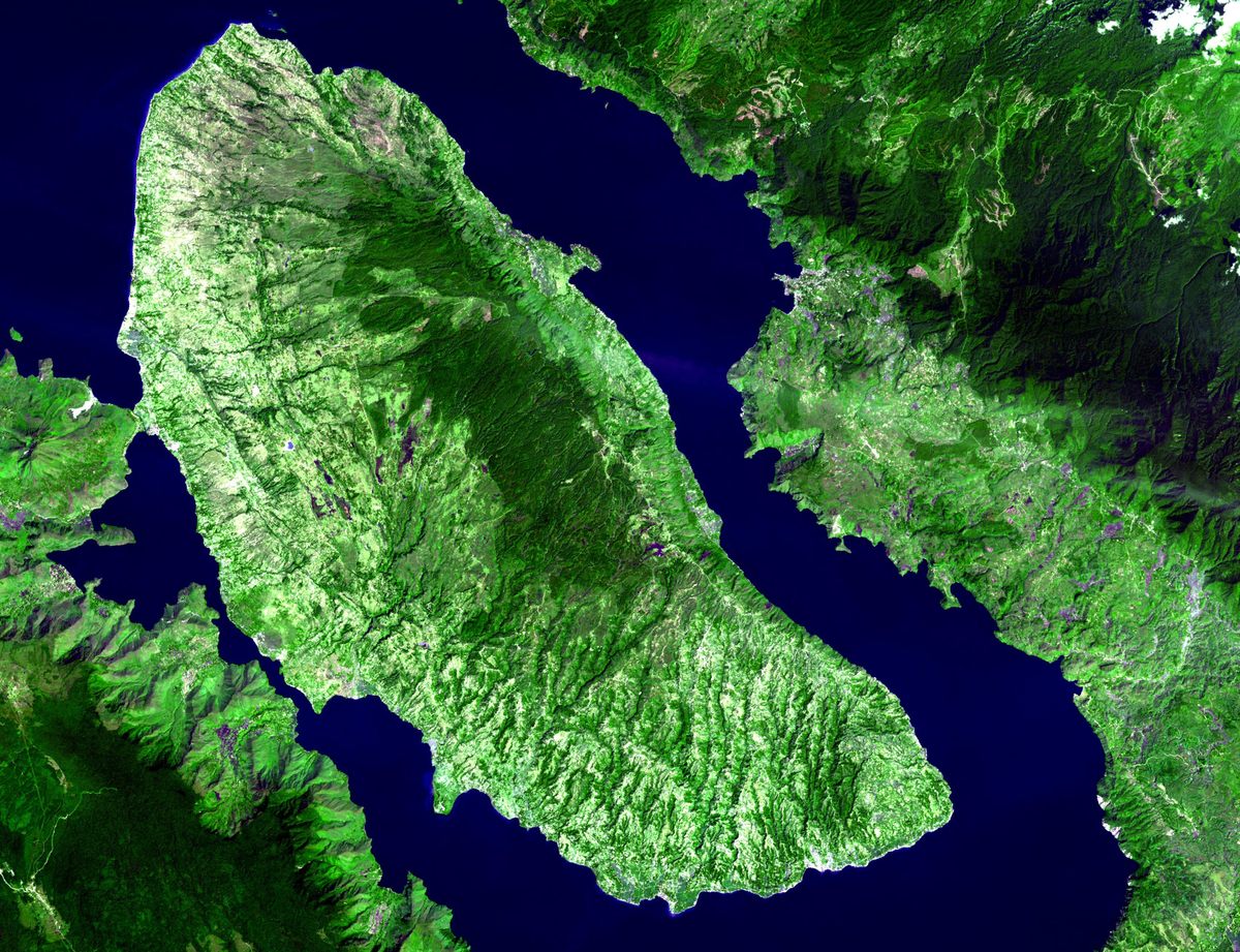 A satellite image of Samosir Island, in the middle of Lake Toba, which was created after the supervolcano eruption 74,000 years ago.