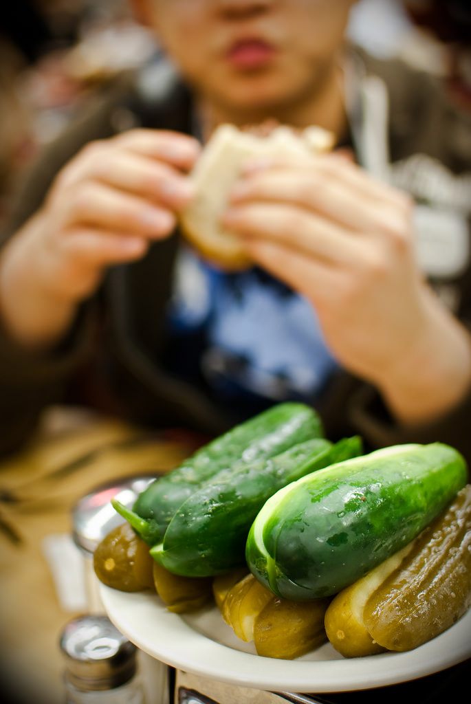 A stack of pickles at Katz's Deli, New York. 