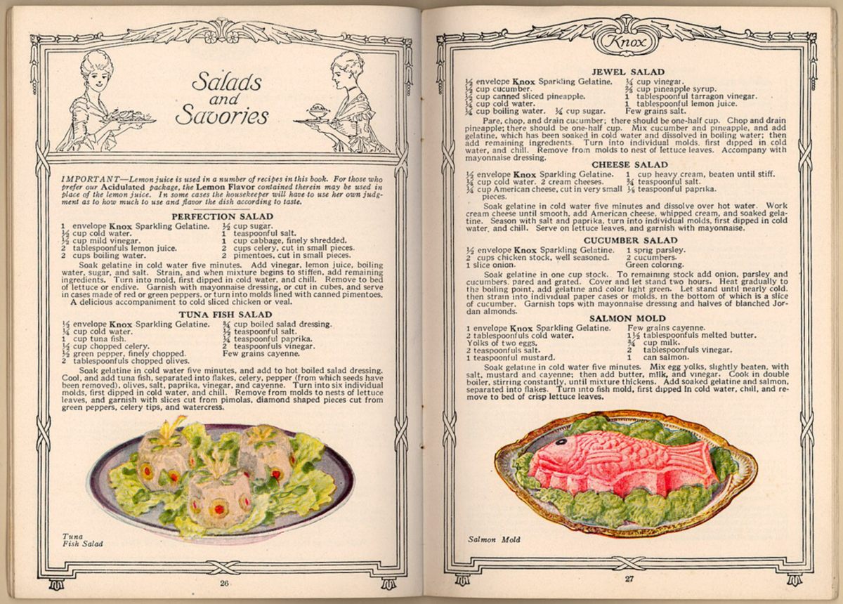 Cookbook, 1915, Knox Dainty Desserts for Dainty People - Salads and Savories. Knox Sparkling Gelatine by the Charles B. Knox Co.