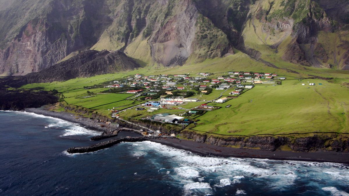 An aerial view of town.