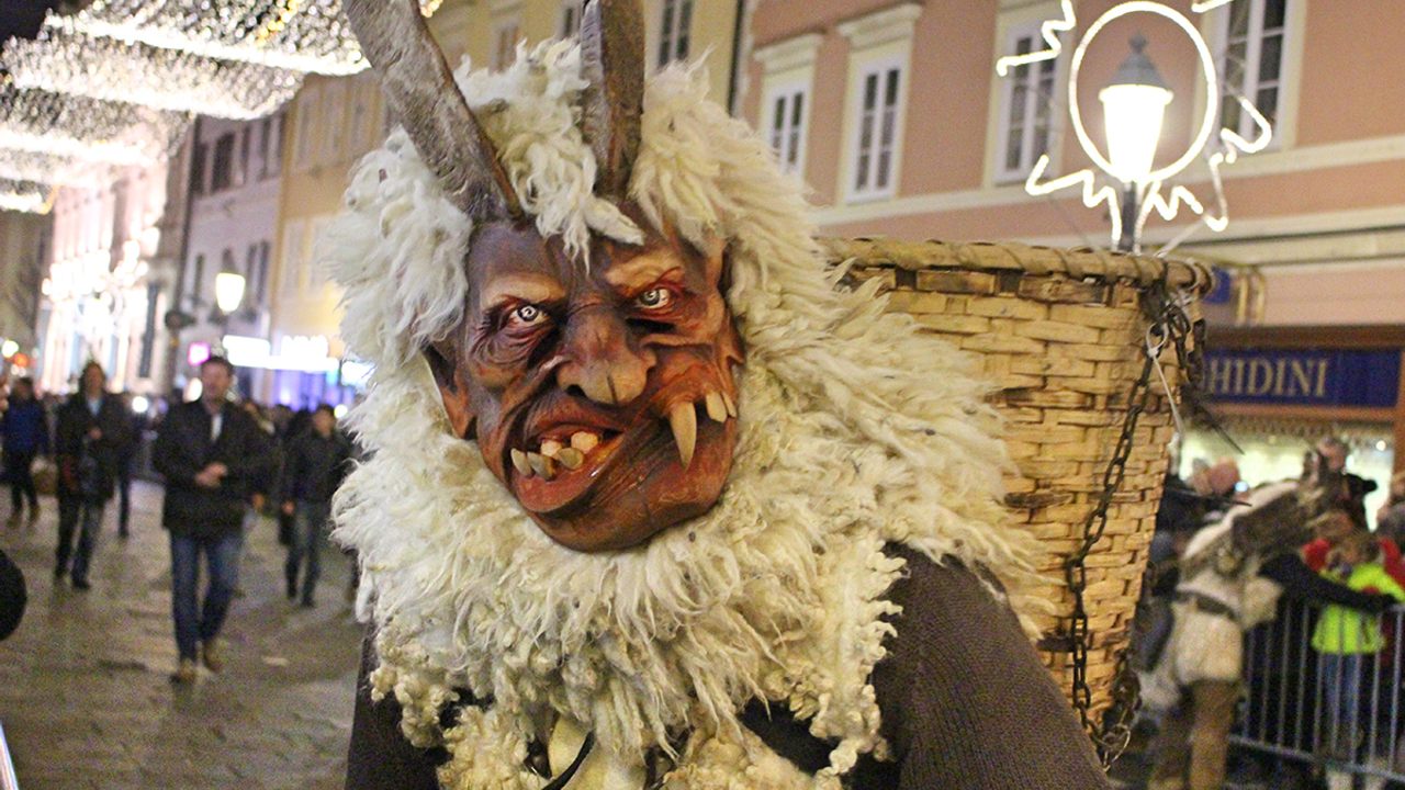 Some Krampus costumes include wicker baskets, into which naughty children are supposedly thrown and beaten.
