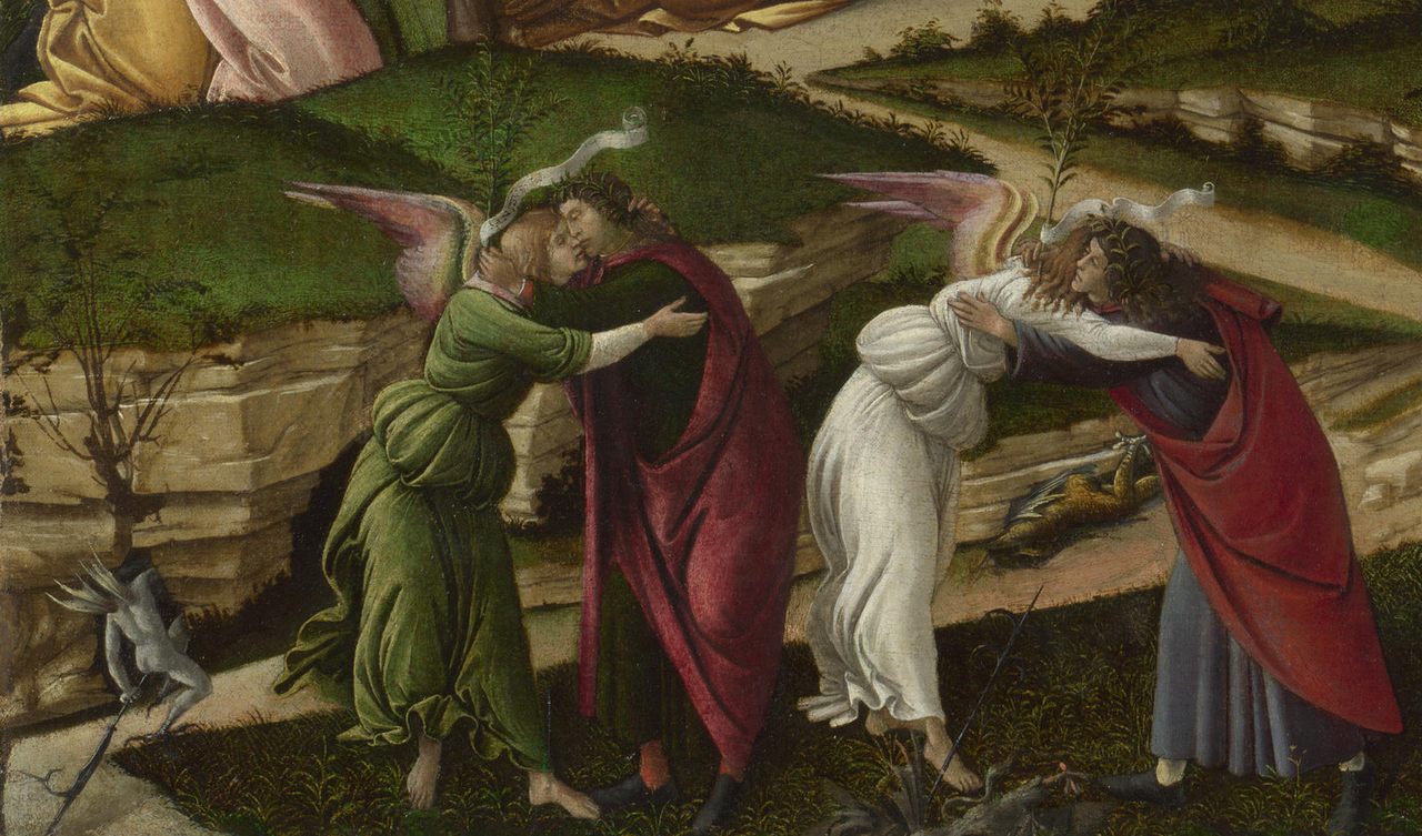 This detail of Sandro Boticelli's "The Mystical Nativity" contains verdigris pigment.