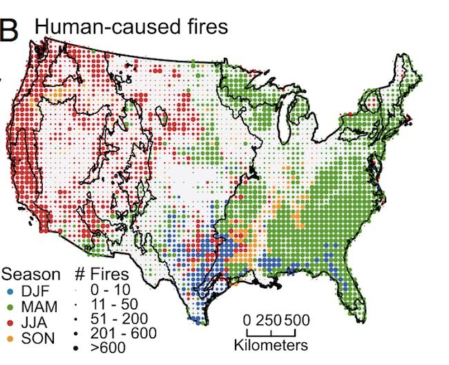 The map shows the seasons during which humans are most likely to start fires across the U.S.