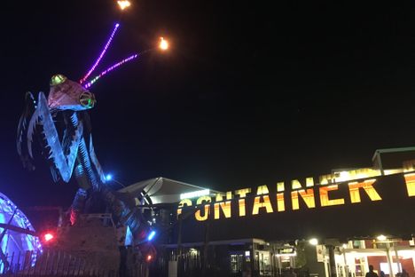 The Mantis seen with the Container Park entrance sign.