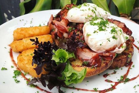 The Suella, an egg-and-bacon breakfast plate with a sour Davidson plum drizzle. 