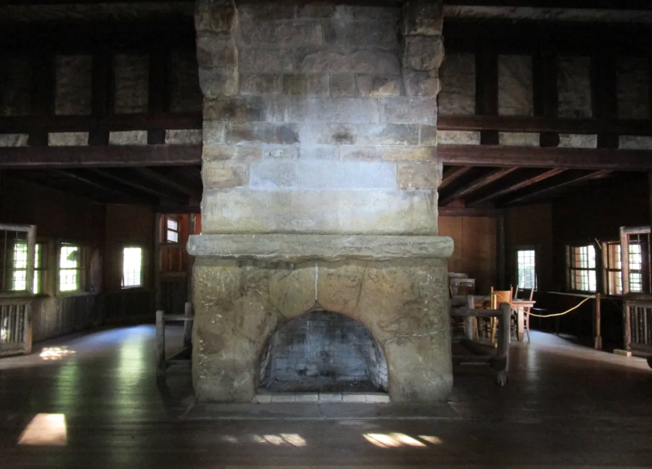 The home’s Great Hall contains a massive freestanding stone chimney.