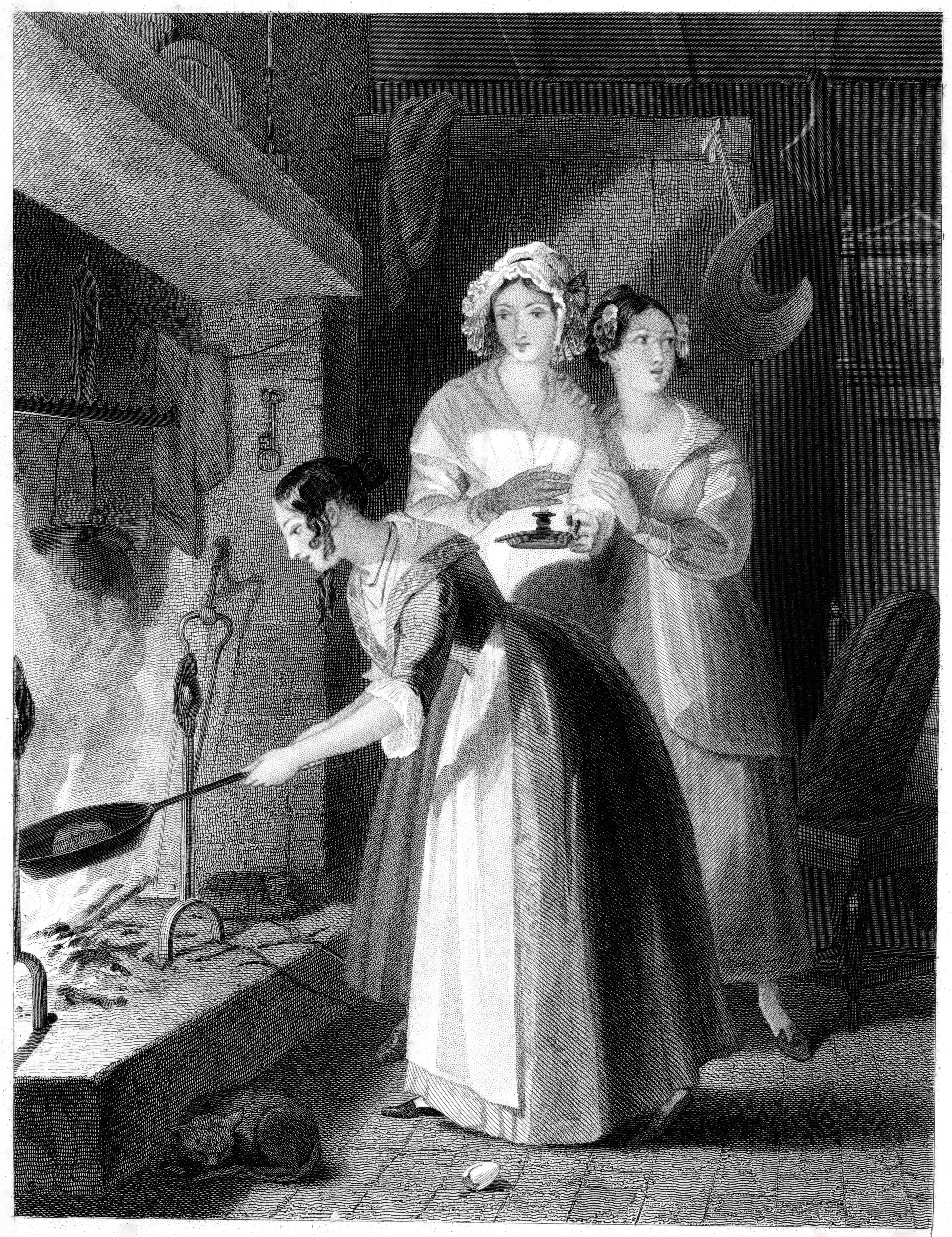 A dumb cake ritual engraving from the 1840s. Tag yourself, I'm the one cowering in fear on the right.