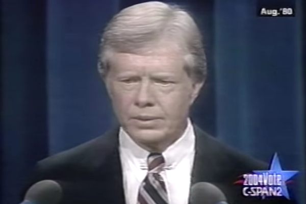 President Jimmy Carter, looking like he knows his balloons aren't coming.
