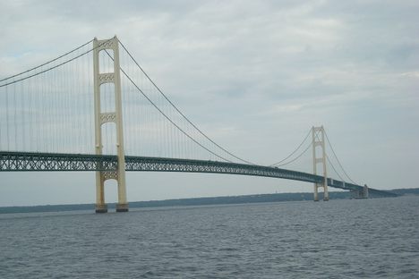 A view of the Mackinac Bridge from a ferry sailing the Straits of Mackinac in Michigan (United States).