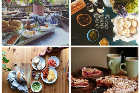 Tea-time photos curated by Proyecto Once show fruit crumbles, breads and tasty toppings, and plenty of tea.