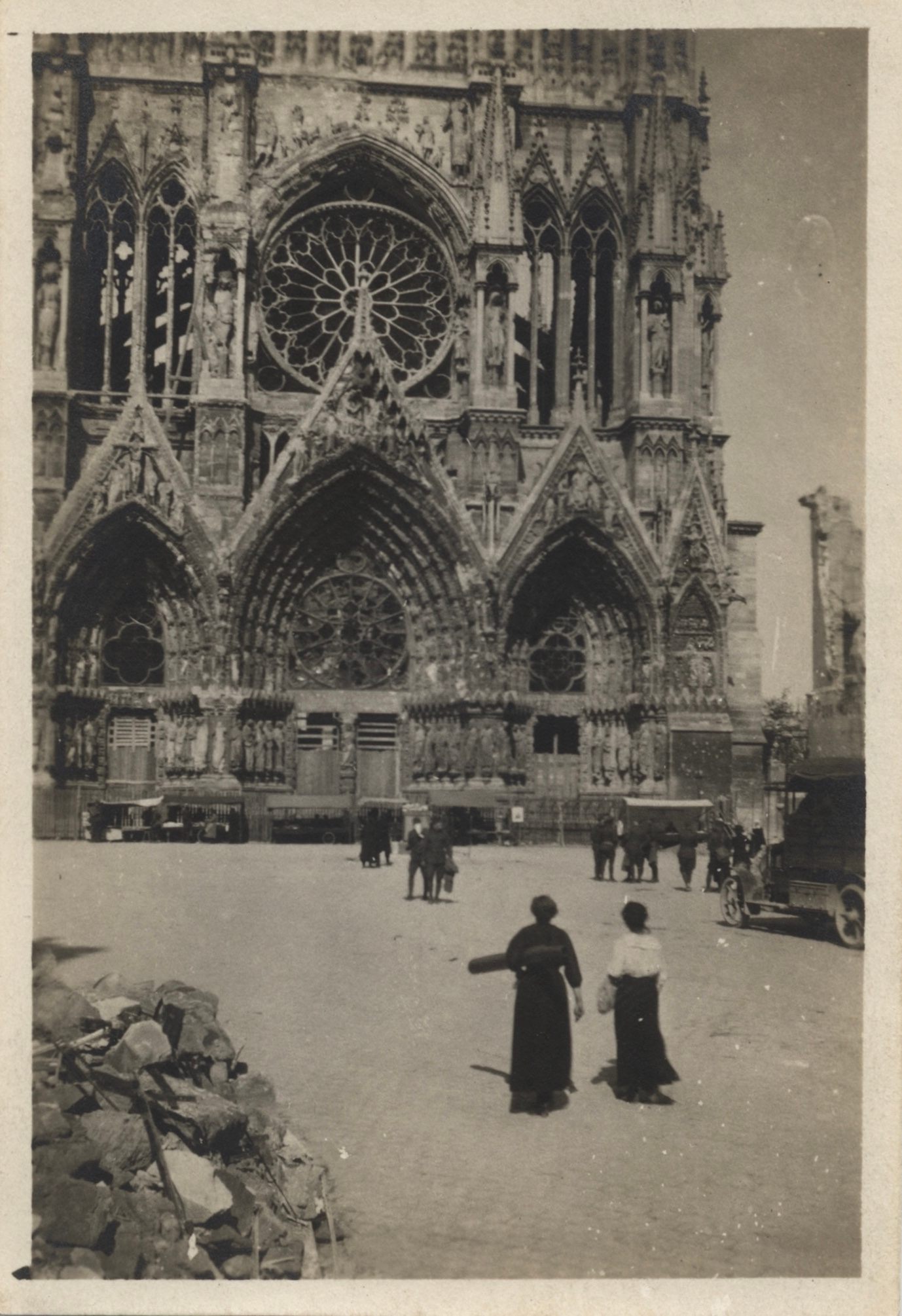 Leta Althaus of Army Nurse Corps preserved this image of Notre-Dame de Reims in northeastern France. The cathedral was heavily damaged in the war.
