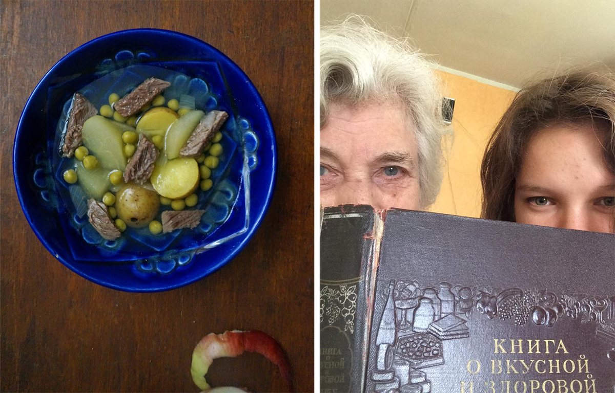 A bowl of <em>bozbash</em>, a meat stew popular in the Caucasus (left), and the author and her grandmother, Elena (right).