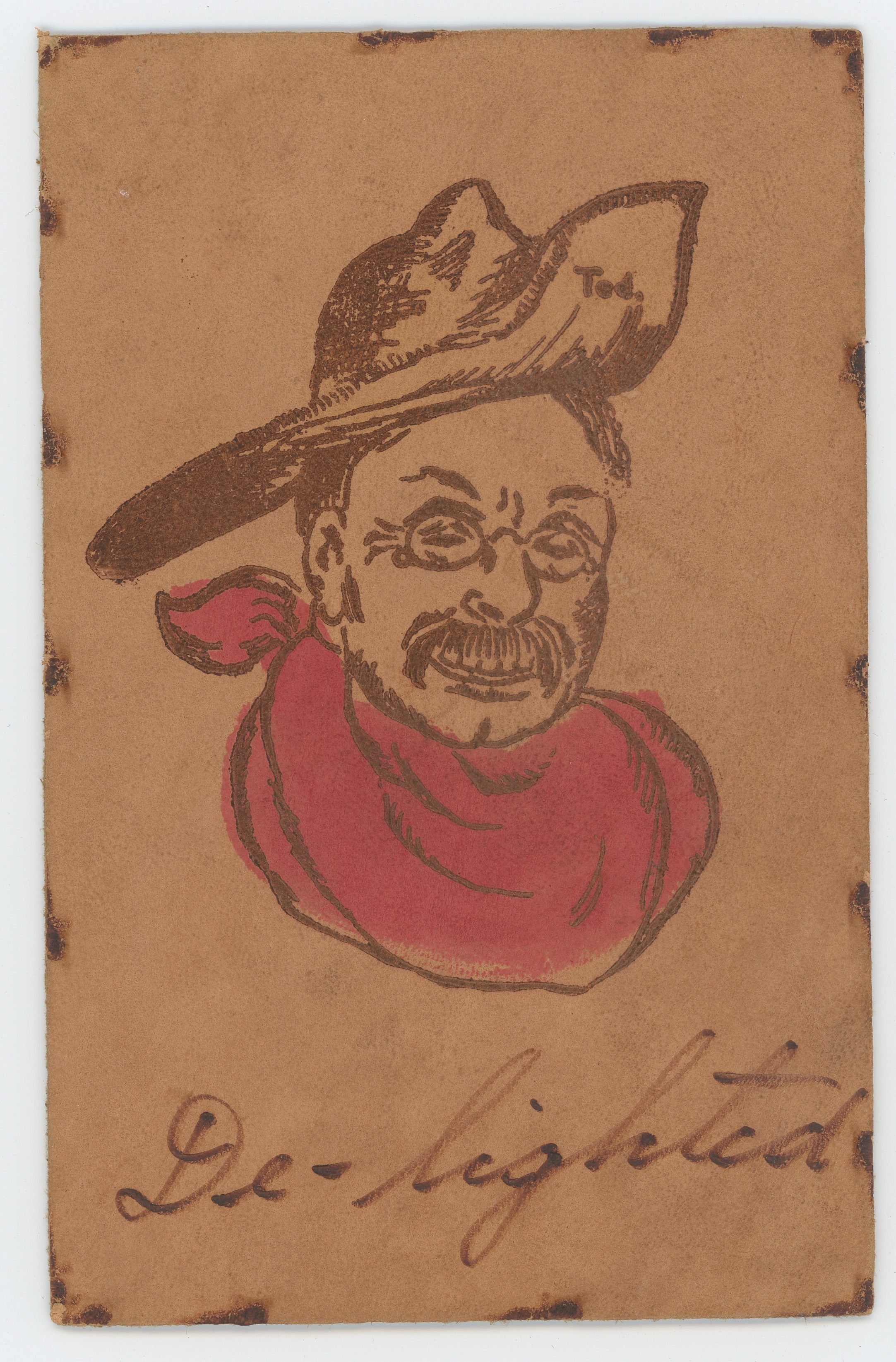 A brown postcard depicts Roosevelt in a Rough Rider–style hat.