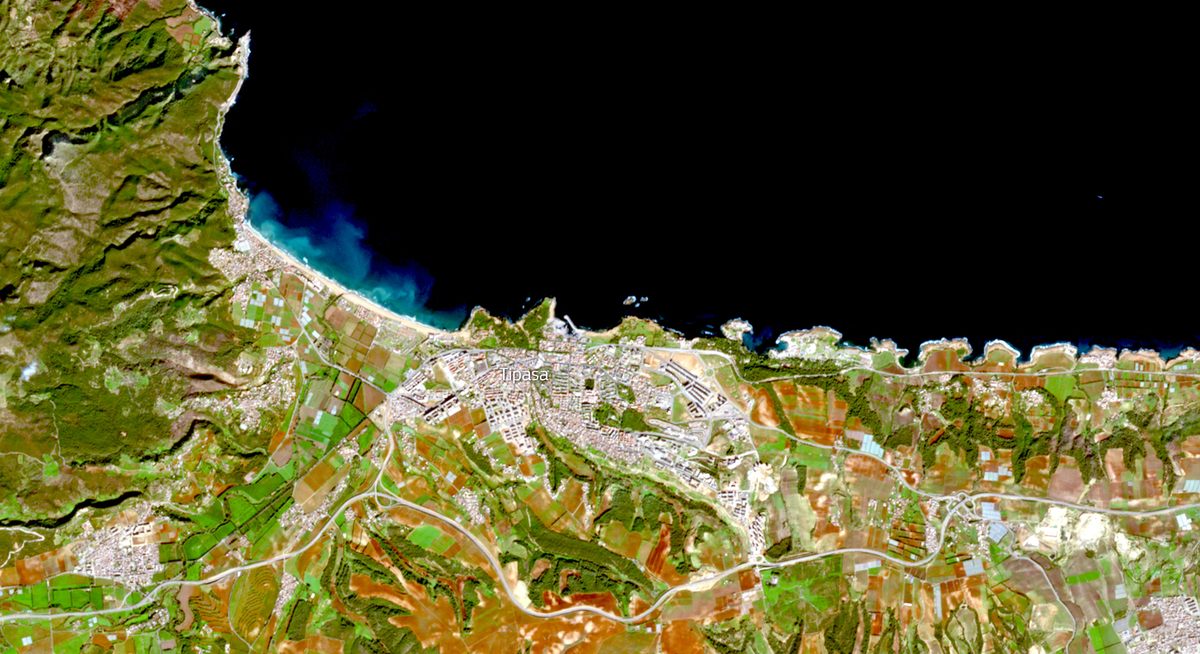 A satellite image from February 8 shows the thin slice of the ancient ruins of Tipasa squeezed between the modern city of Tipaza and the Mediterranean Sea.