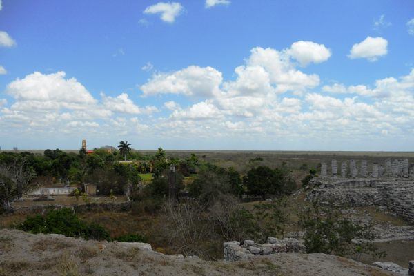 A view of the hacienda from atop a pyramid