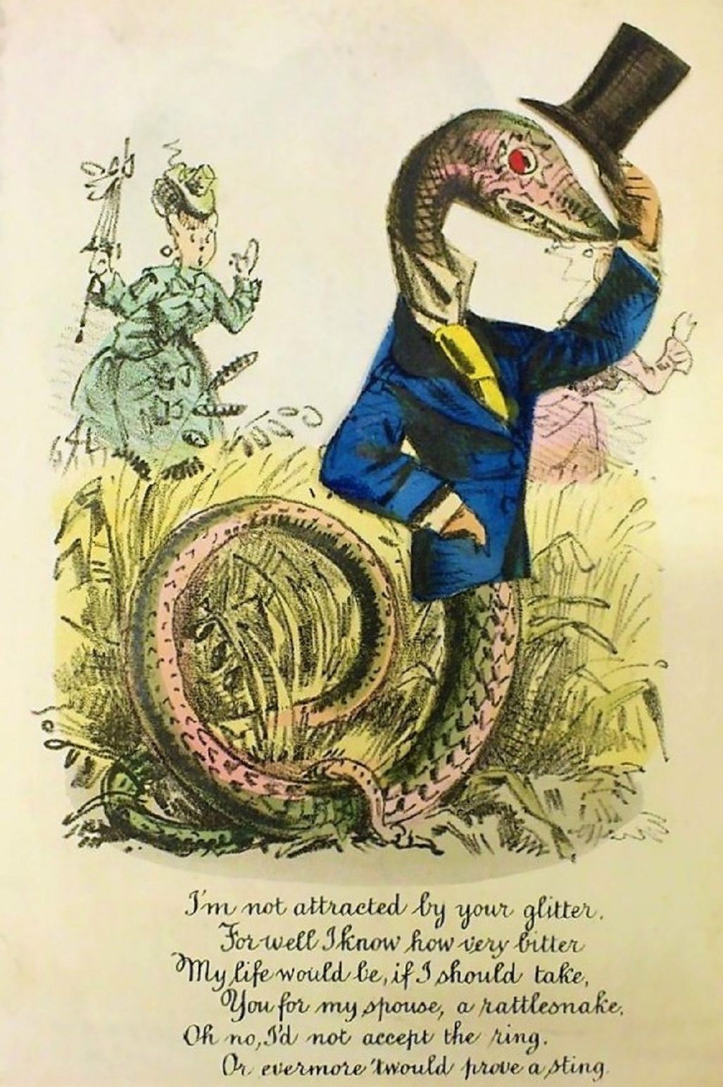This Victorian anti-valentine, created circa 1870, makes it clear that "rattlesnake" is not a term of endearment.