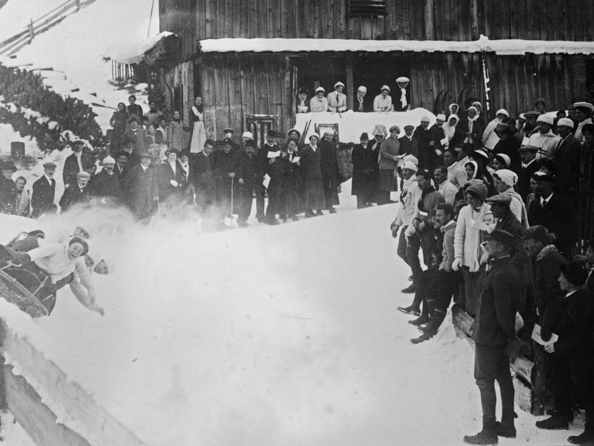 Bobsledding in St. Moritz, seen here some time between 1910 and 1915, was a group recreational activity for wealthy tourists.