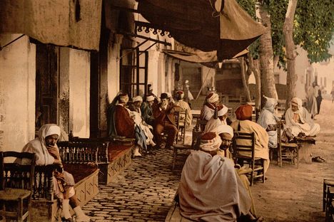 Outside a Moorish cafe, Tunis, Tunisia, in the late-19th century, when coffee was still the dominant drink and tea was rare.