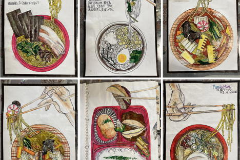 In Kobayashi's drawings, his chopsticks often appear, lifting food off the page.