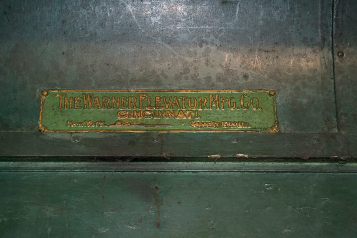 The elevator was made by the Warner Elevator Company of Cincinnati.