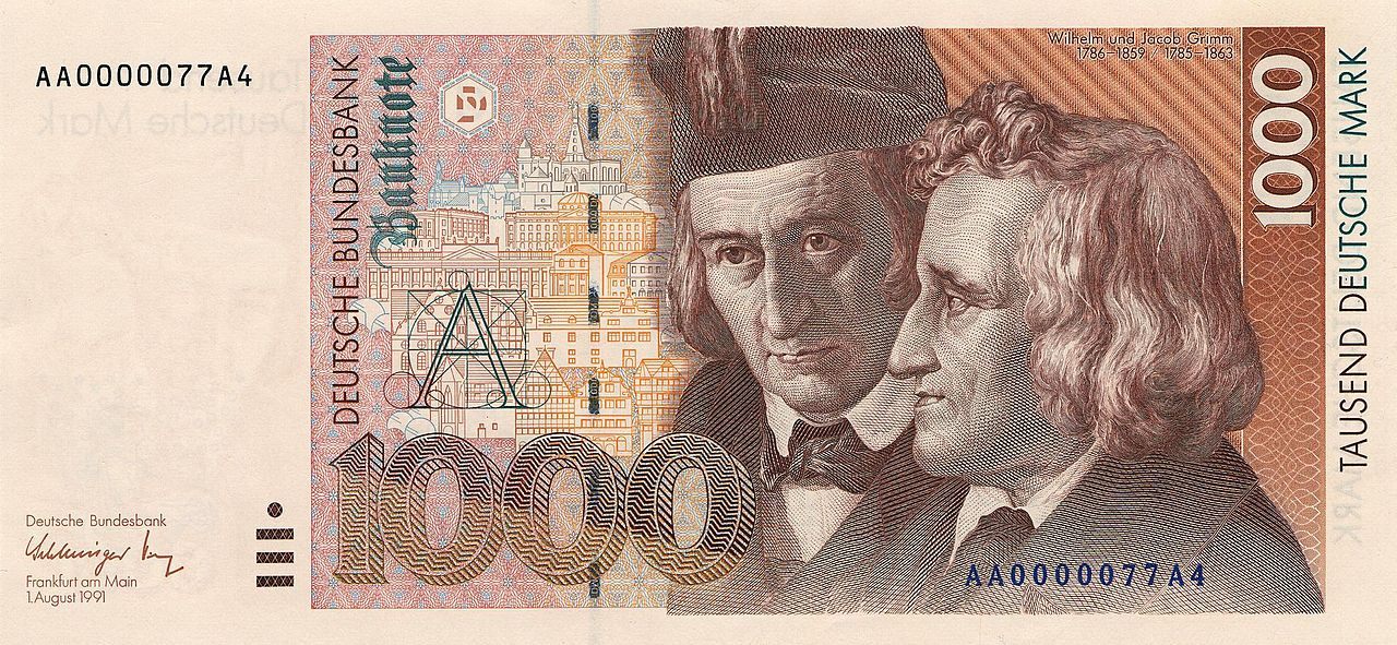 The Brothers Grimm and historic buildings of Kassel on the last 1000 DM banknote