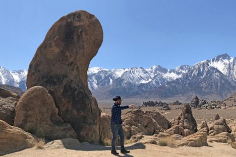 The author recreating a scene from Boots and Saddles (1937) at Gene Autry Rock. 