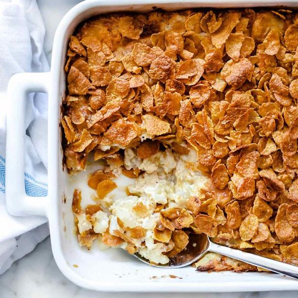 A tray of corn flake–topped casserole. 