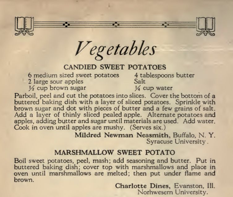 A recipe for "Marshmallow Sweet Potato" from 1923's <em>The College Woman’s Cookbook</em>.